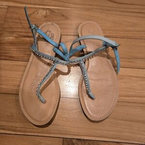 LOFT Blue and Tan T-Strap Sandals